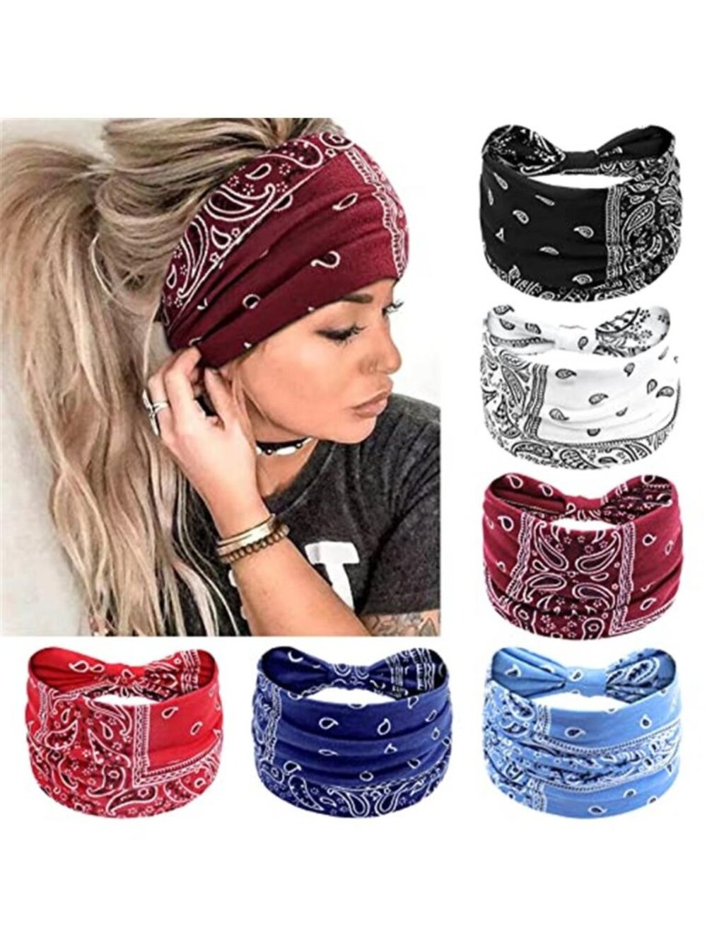 6 Pack Wide Knotted Headbands Soft Stretch No Slip Turban Workout Hair Bands